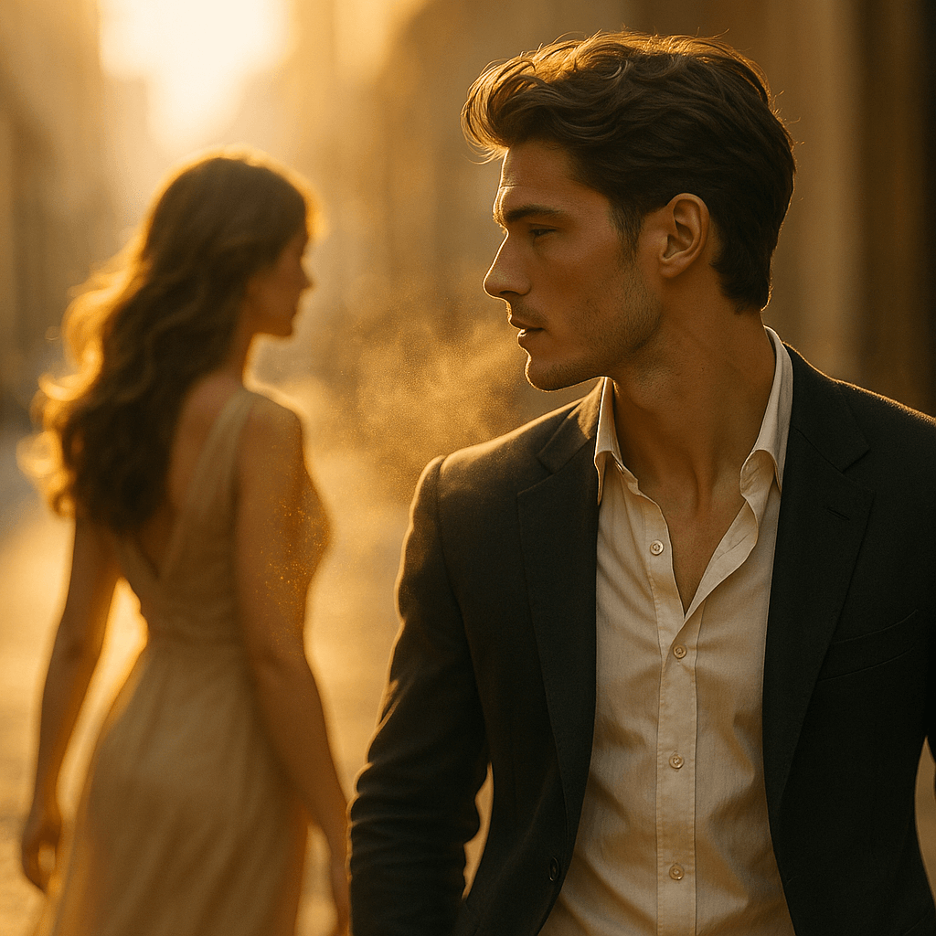 따스한 황금빛 석양 아래, 정장을 입은 남성이 향기나는 공기 속에서 여인을 지나쳐 걷고 있는 장면. 로맨틱한 분위기와 잔향이 남는 순간을 포착한 도시 속 거리의 한 컷