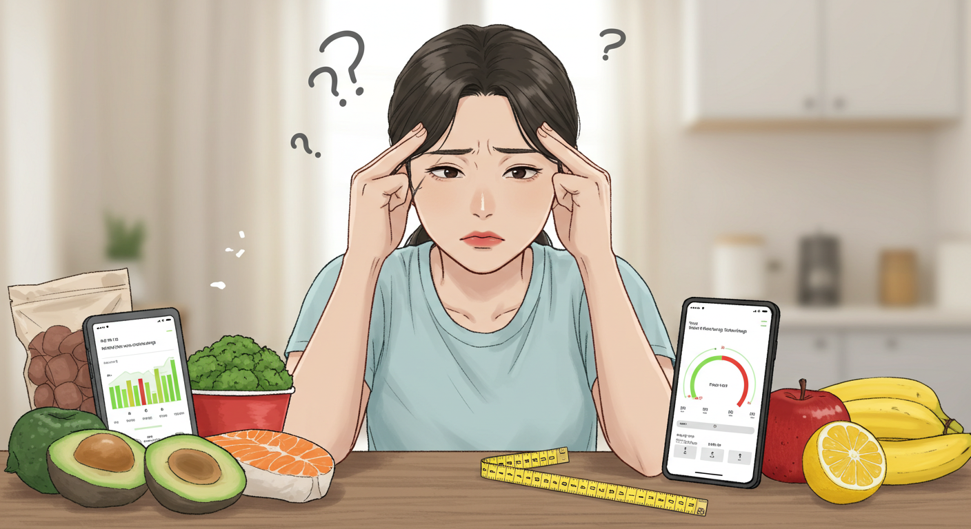 간헐적 단식에 실패하여 지쳐 보이는 한국인, 다양한 건강 식품과 함께 좌절감을 표현.
