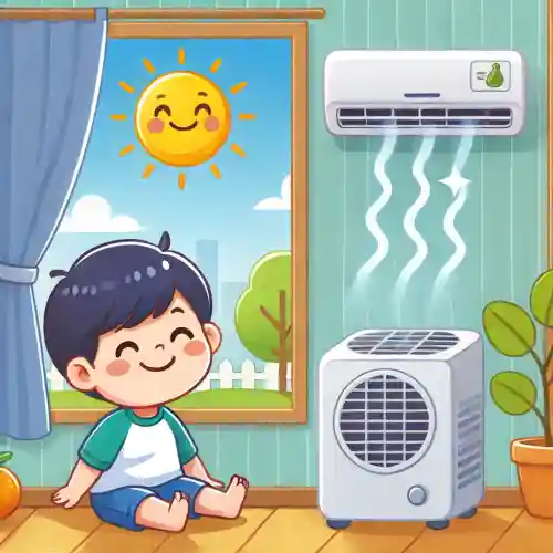 여름철에 에어컨 바람을 즐기는 아이
