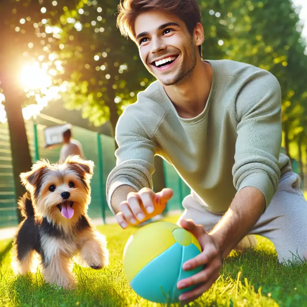 초록빛 공원에서 공놀이로 반려견의 운동을 유도하는 젊은 남성의 활기찬 초고해상도 사진