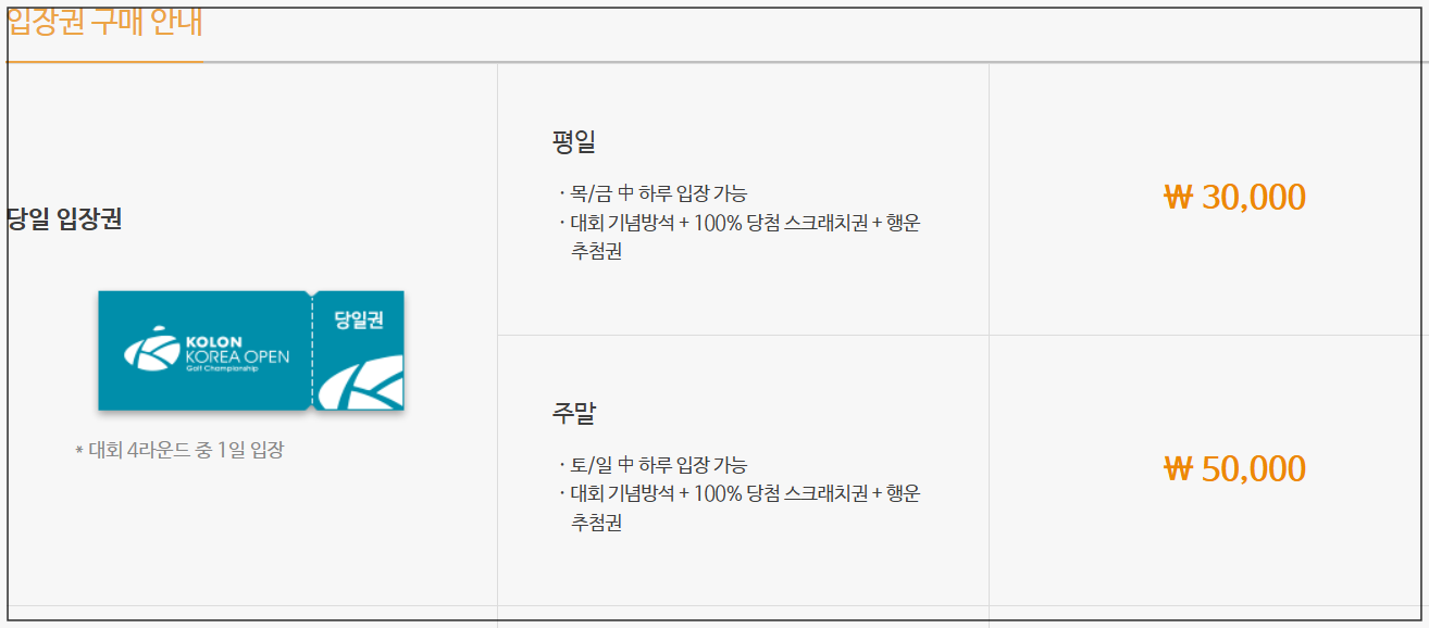제67회 코오롱 한국오픈 골프선수권대회 입장권