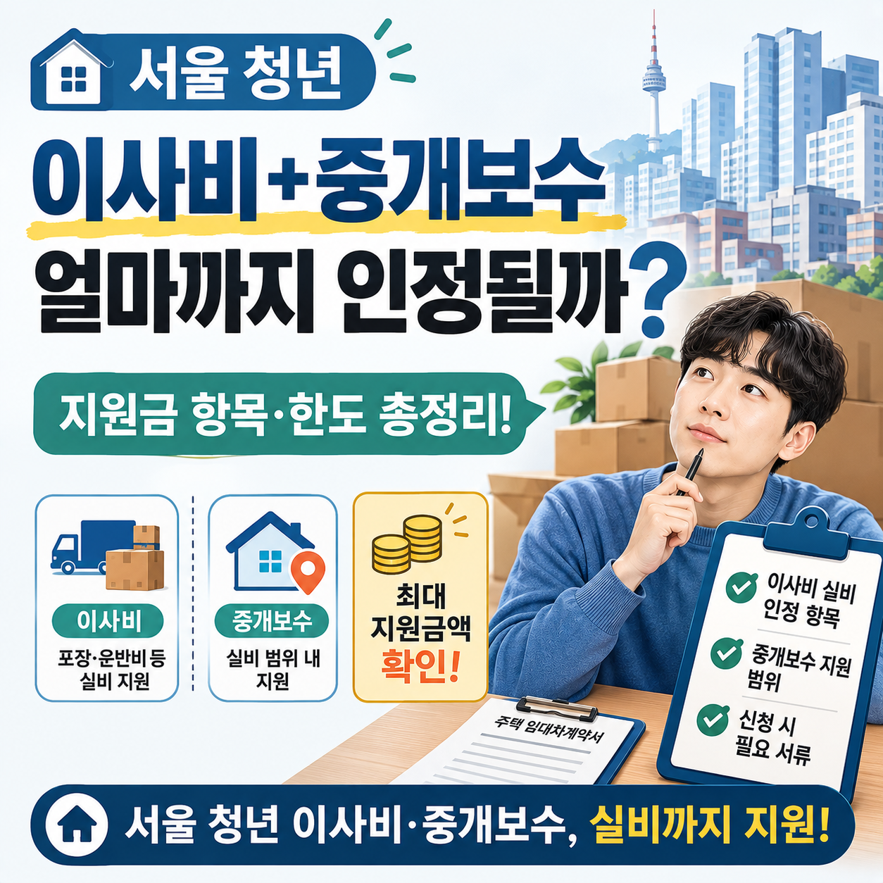 이사 상자와 계약서를 보며 지원금을 확인하는 청년 이미지