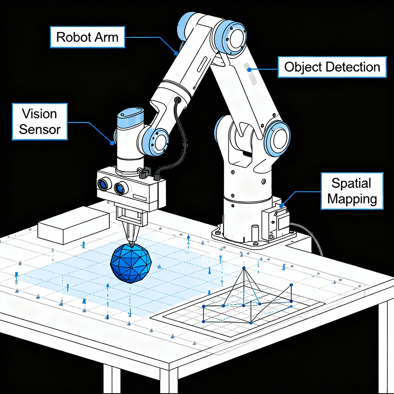 제미나이 로보틱스의 공간 인식 및 객체 조작 능력을 보여주는 기술 다이어그램