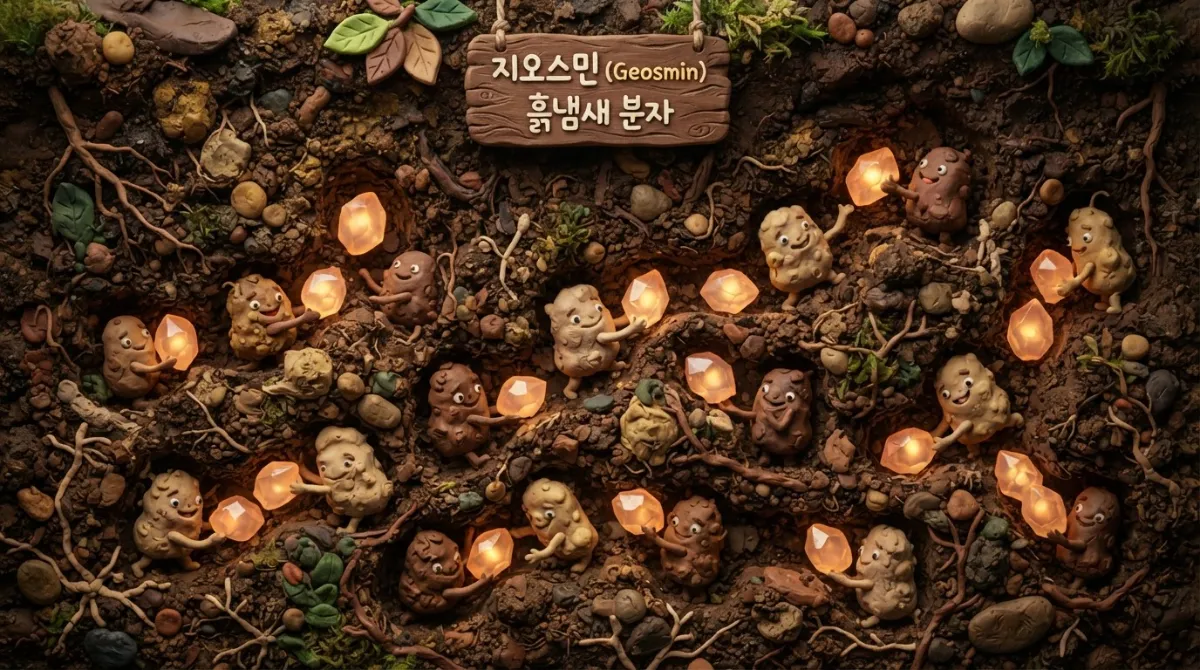 클레이 점토로 빚은 흙 속 방선균 인형들이 지오스민 향기 분자 구슬을 미소 지으며 공기 중으로 밀어내는 아드만 스톱모션 일러스트