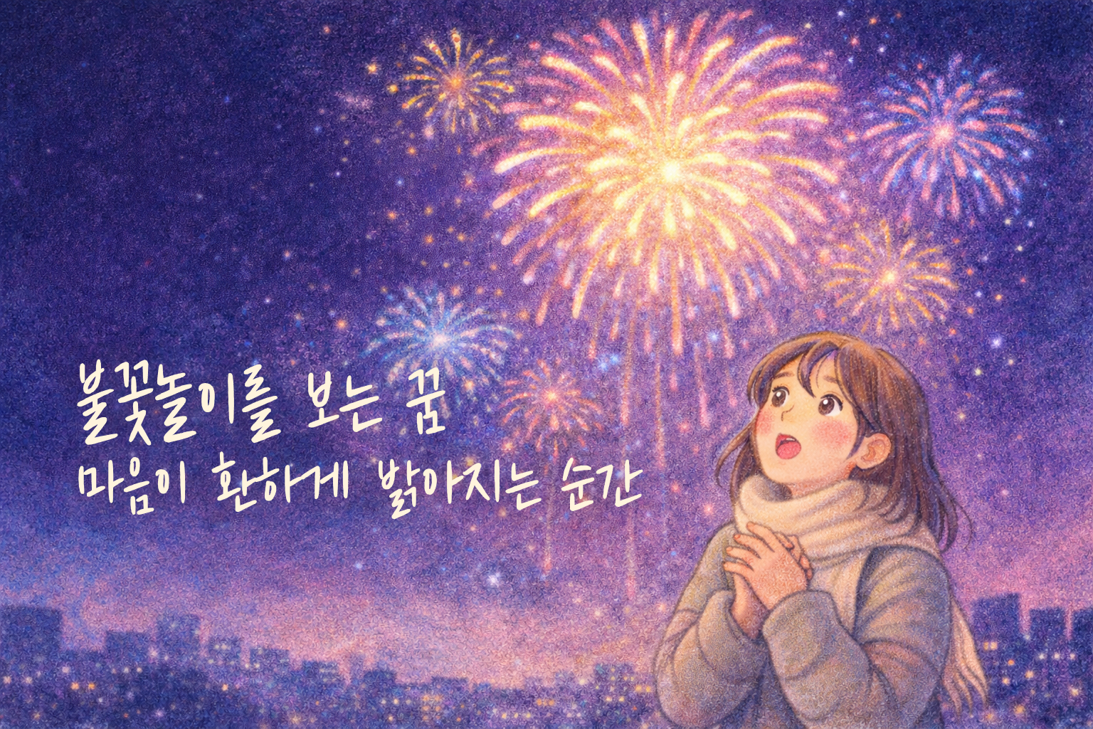 겨울 밤 도시 위로 터지는 불꽃놀이를 올려다보며 감탄하는 여성의 색연필 스타일 일러스트