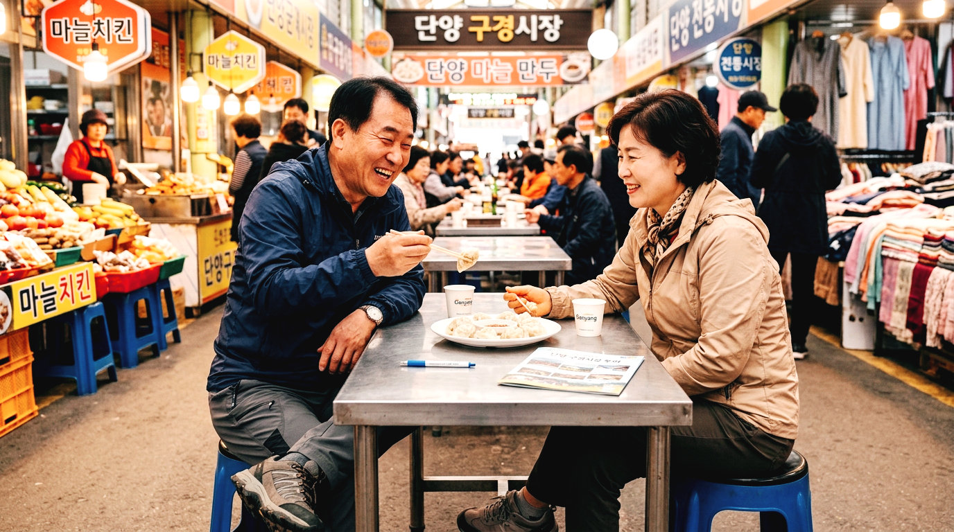 단양 구경시장 전통시장 내 맛집에 앉아 명물 마늘만두를 맛있게 드시고 계시는 60대 부부의 모습