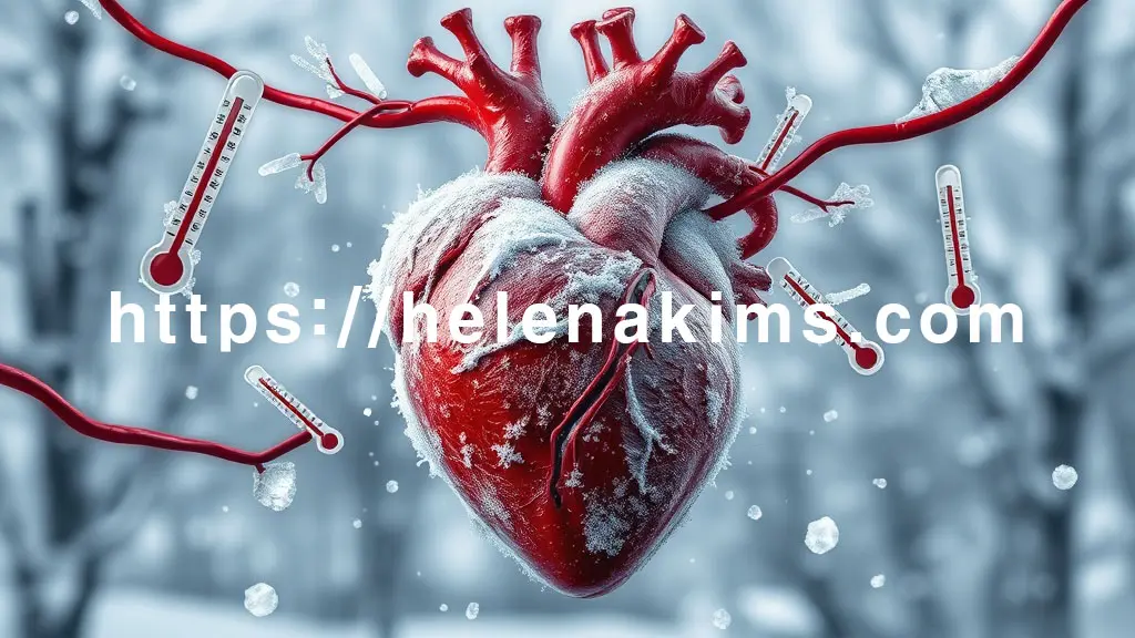 차가운 겨울 풍경이 배경에 흐릿하게 깔린 가운데, 얼어붙은 듯한 심장이 화면 중앙에 강조되어 있는 이미지.