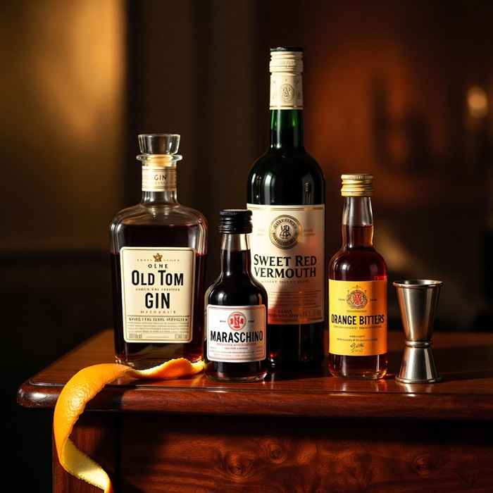 마르티네즈 재료 - 올드 톰 진, 스위트 베르무트, 마라스키노 리큐르와 오렌지 비터스