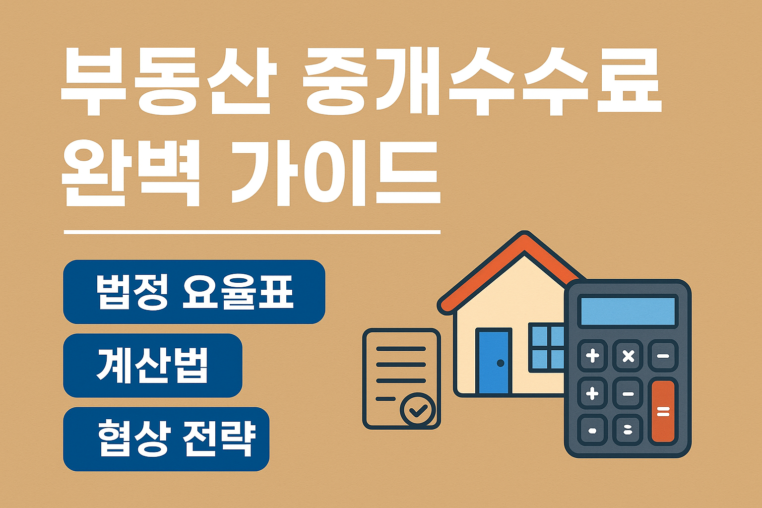 부동산 중개수수료 완벽 가이드를 소개하는 썸네일 이미지. 집 아이콘, 계산기, 체크리스트 일러스트와 함께 ‘법정 요율표·계산법·협상 전략’ 문구가 포함된 디자인