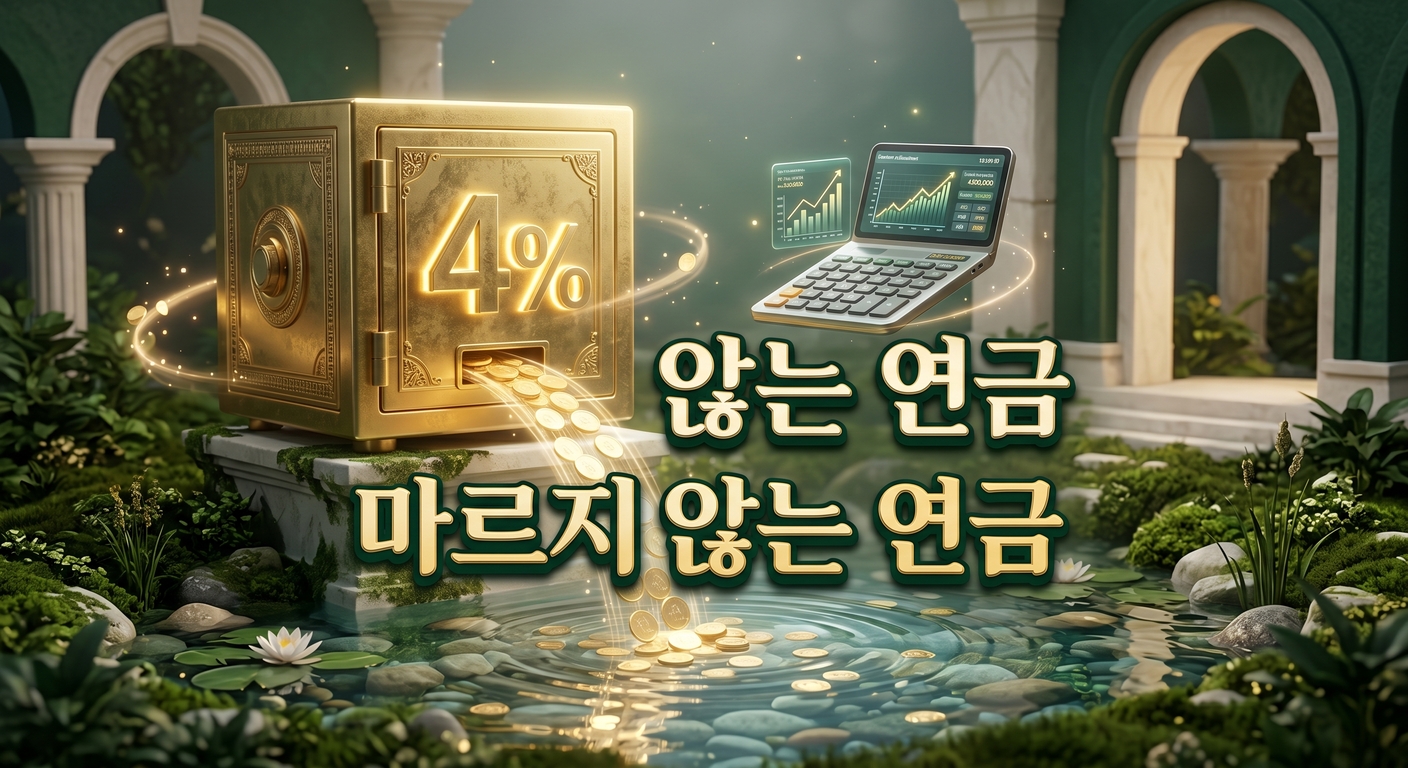 4% 기호가 새겨진 빛나는 황금색 금고에서 잔잔한 연못으로 금화가 부드럽게 흘러나오고 그 옆에 스마트 디지털 계산기가 놓인 3D 일러스트 배경에, 짙은 그림자와 외곽선으로 선명하게 강조된 '마르지 않는 연금'이라는 한글 문구가 중앙에 적힌 이미지