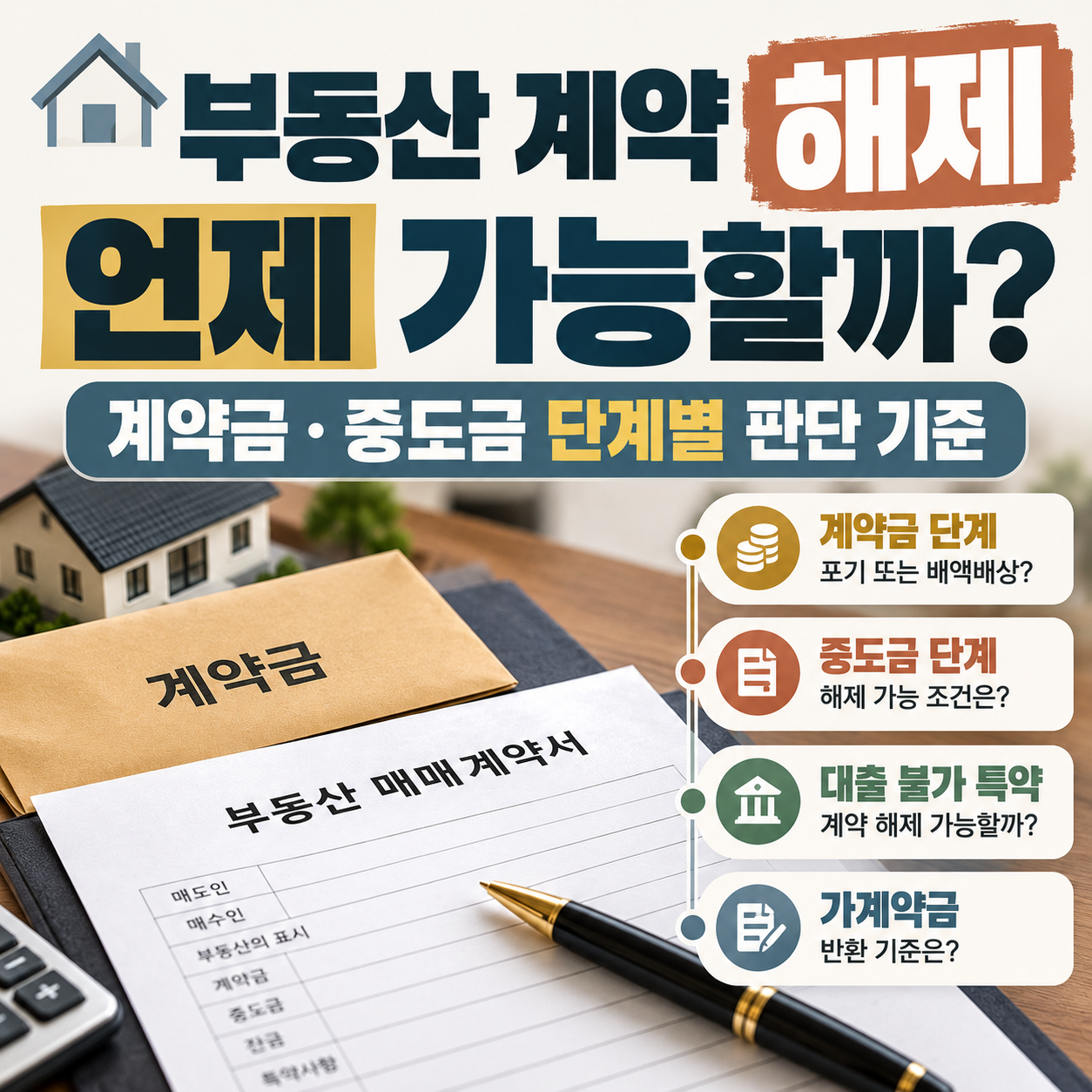 부동산 매매계약서와 계약금 봉투가 놓인 책상 위 모습