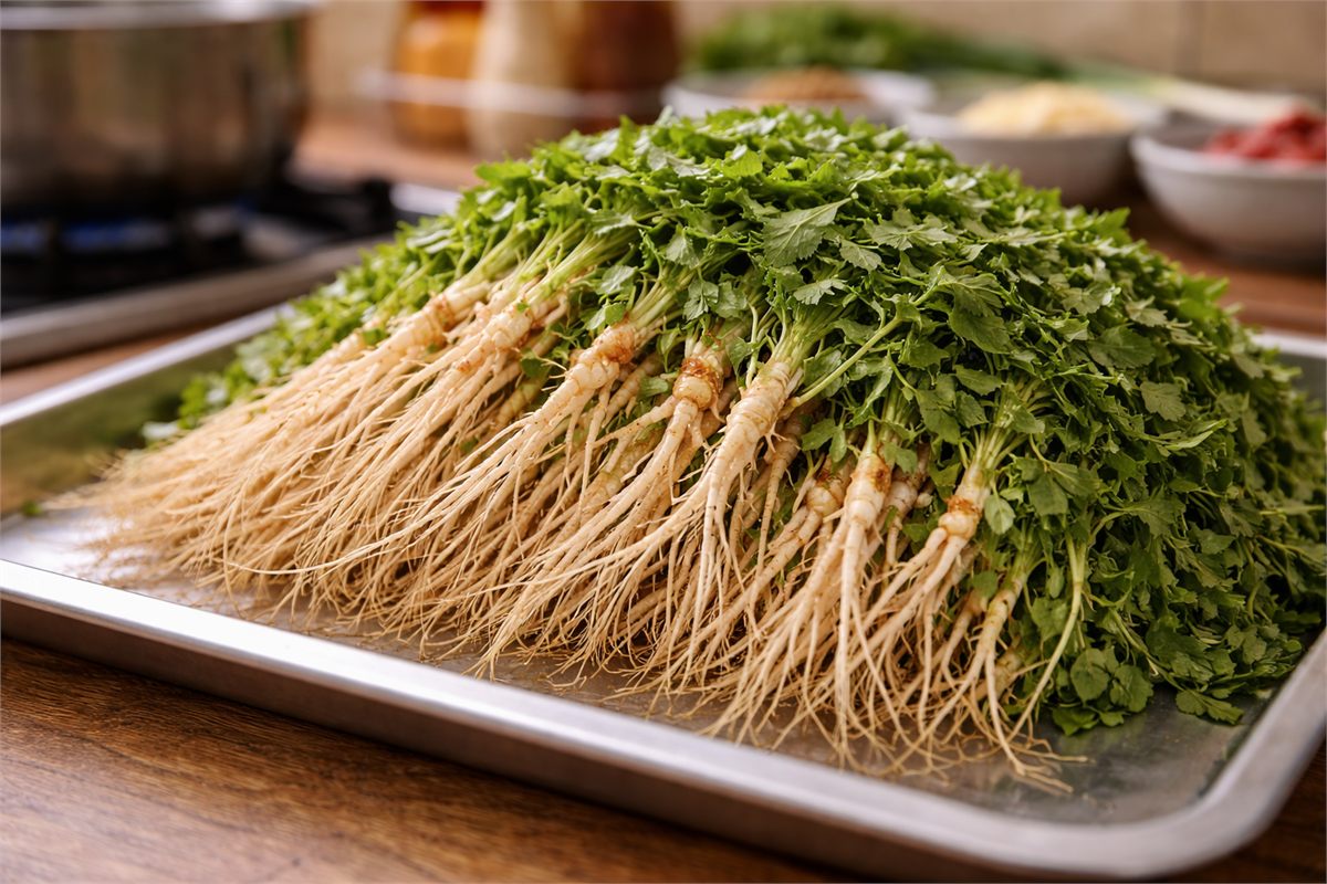 가늘고 흰 뿌리와 초록 잎이 살아 있는 어린 냉이 모습 