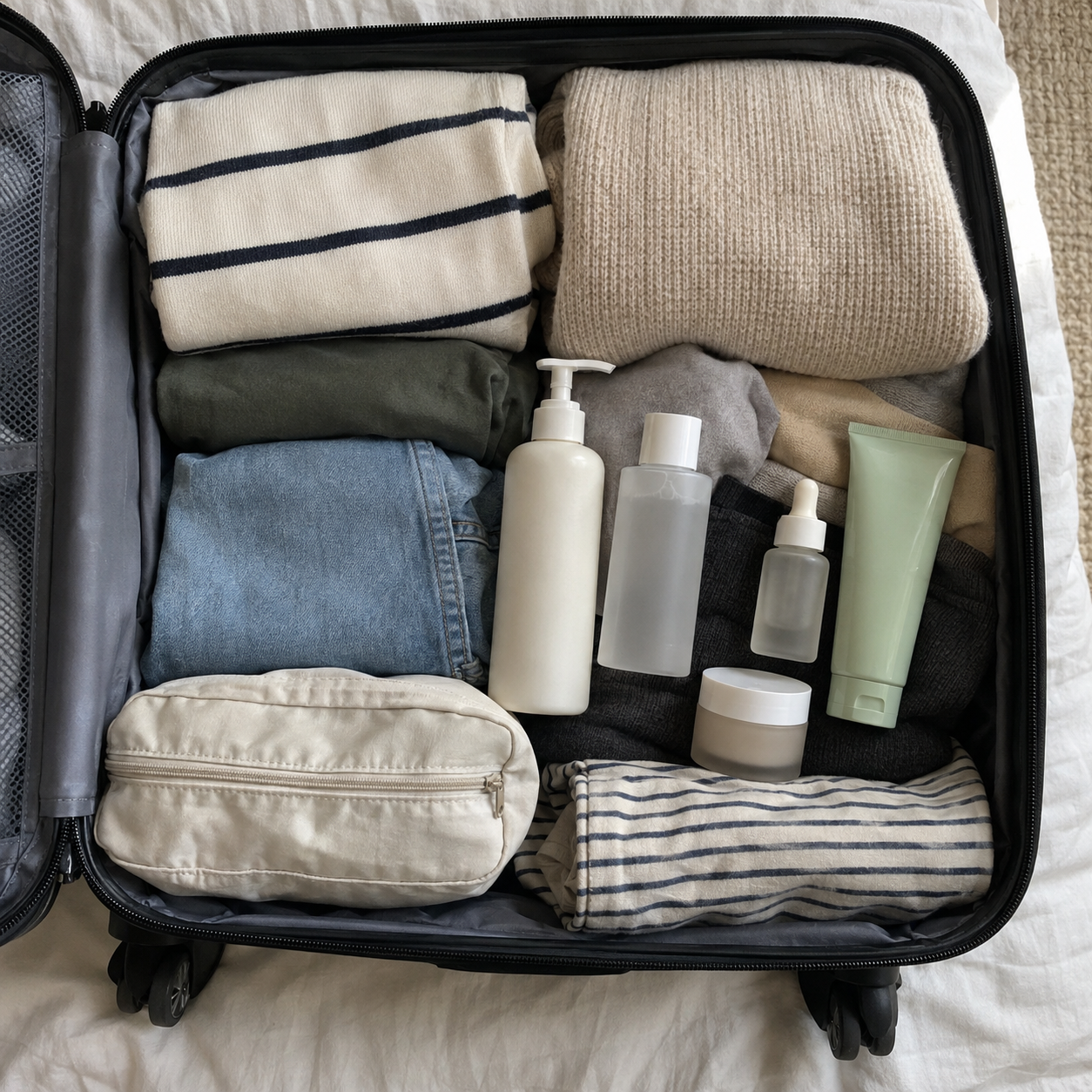 Korean skincare haul, an open suitcase with skincare bottles tucked between folded clothes, top view, no logos
