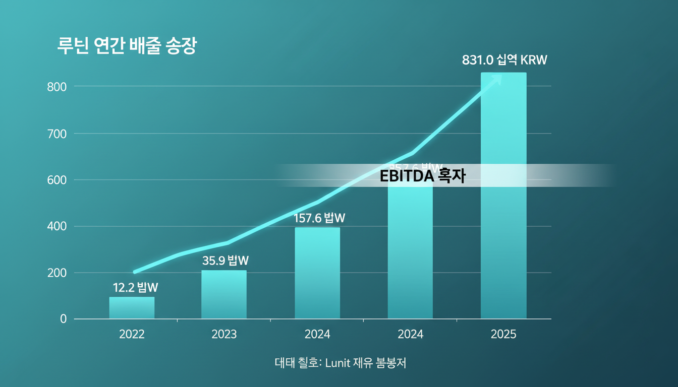 A professional data visualization showing Lunit's revenue growth bar chart from 2022 to 2025 (reaching 831 billion KRW), with a glowing upward trend line breaking through a ceiling labeled EBITDA 흑자. Teal gradient background, clean financial dashboard style, Korean data labels.