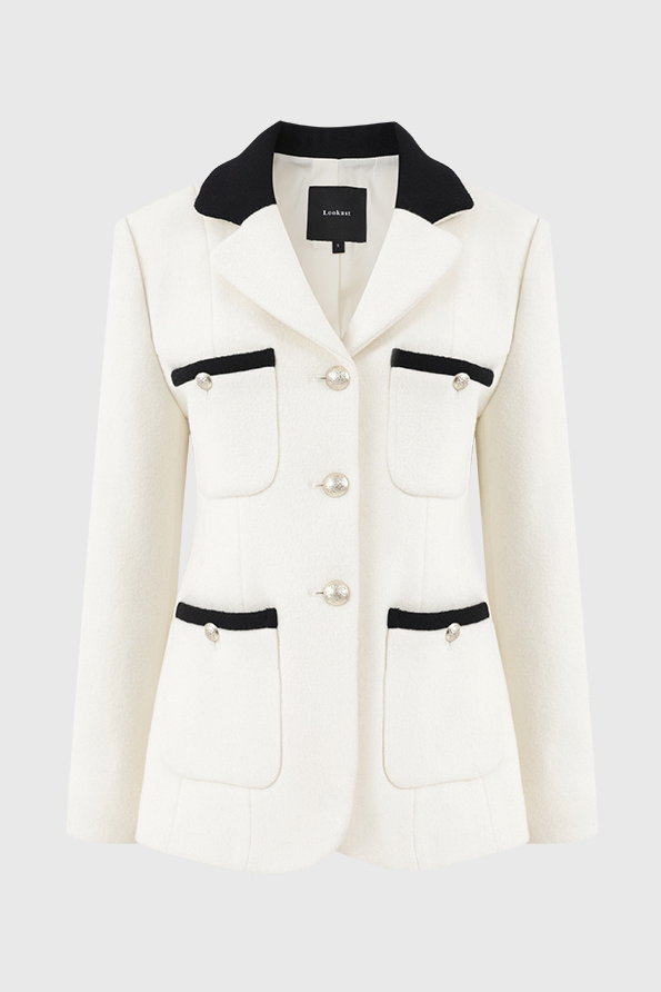 {자켓} 마리와 별난 아빠들 114회, 115회 :: 정애리(엄기분) / 룩캐스트 LOOKAST 아이보리 배색 카라 트위드 자켓