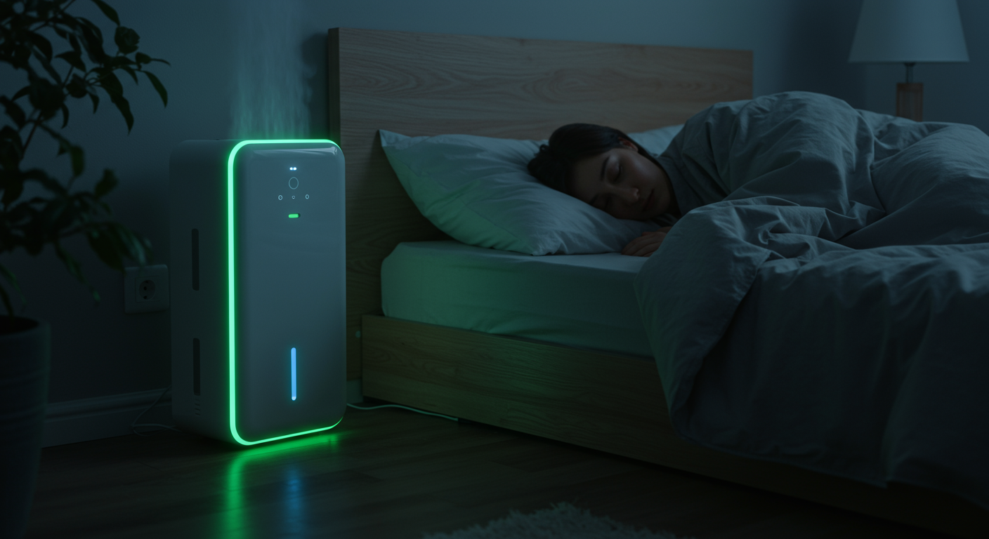 2025년 조용한 제습기가 작동하는 쾌적한 침실에서 숙면을 취하는 사람의 모습