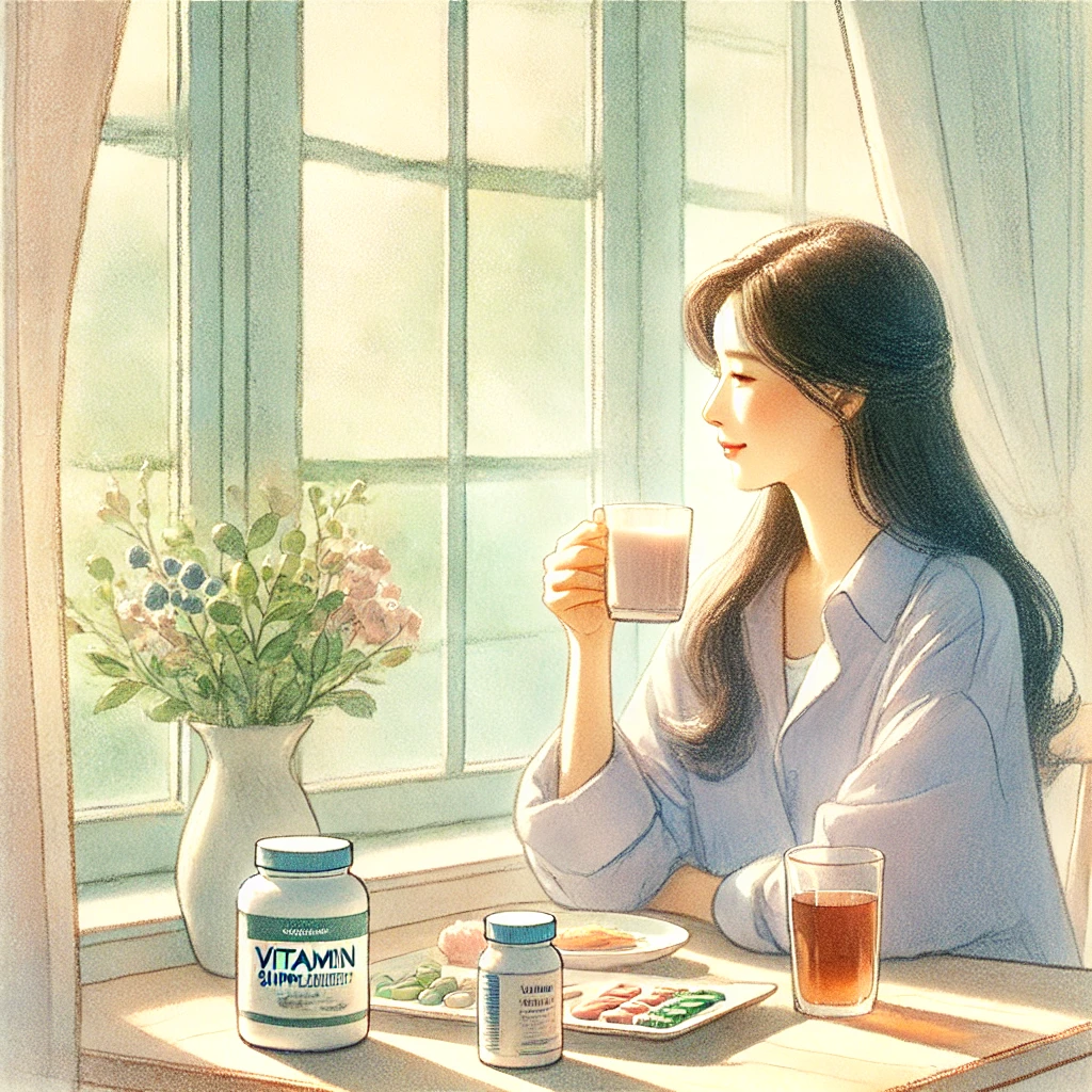 창가에서 차를 마시며 영양제를 챙기는 여성
