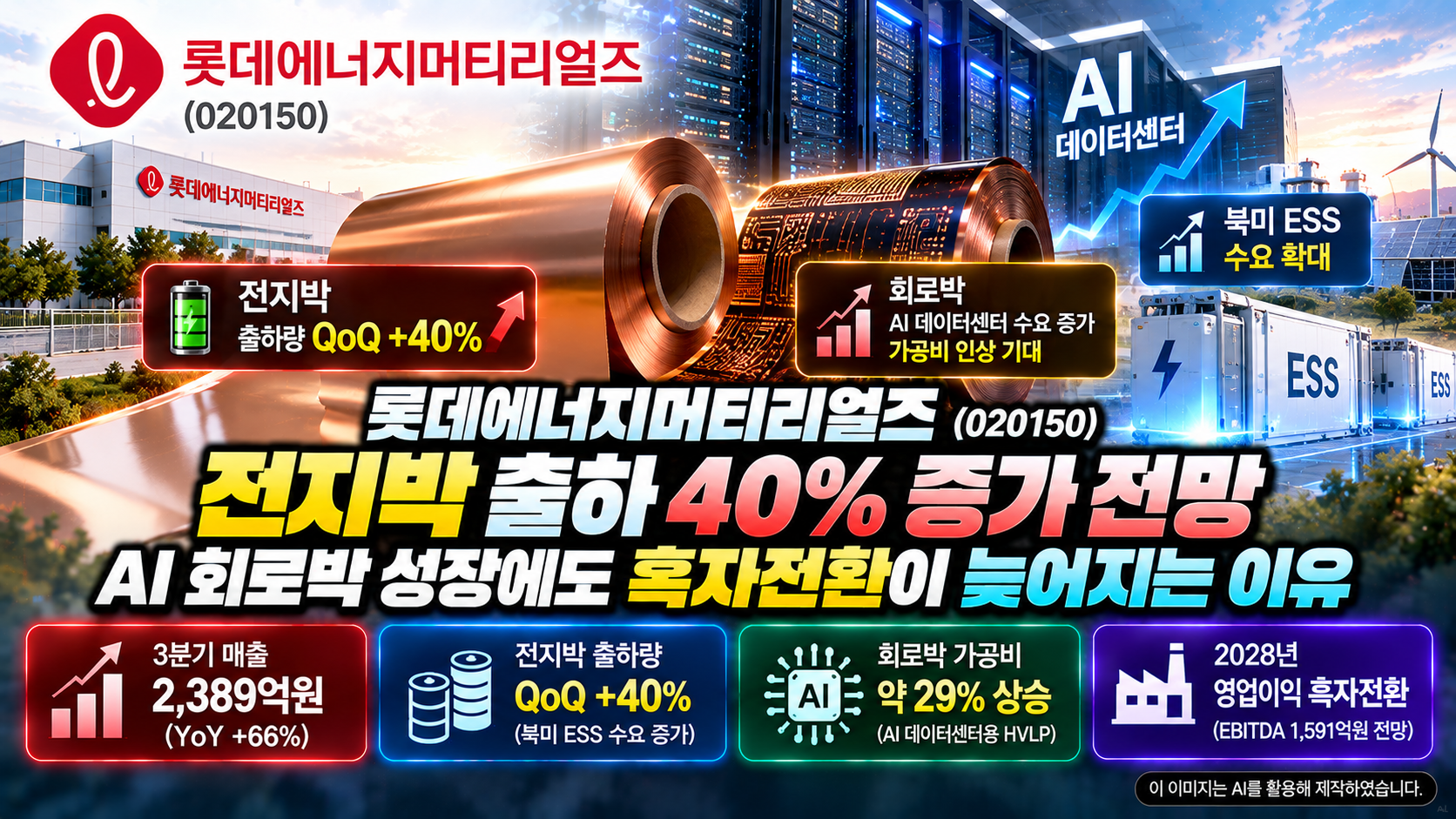 롯데에너지머티리얼즈 기업분석, 전지박 출하량 40% 증가 전망과 북미 ESS 수요 확대, AI 데이터센터용 HVLP 회로박 성장 및 2028년 영업이익 흑자전환 전망