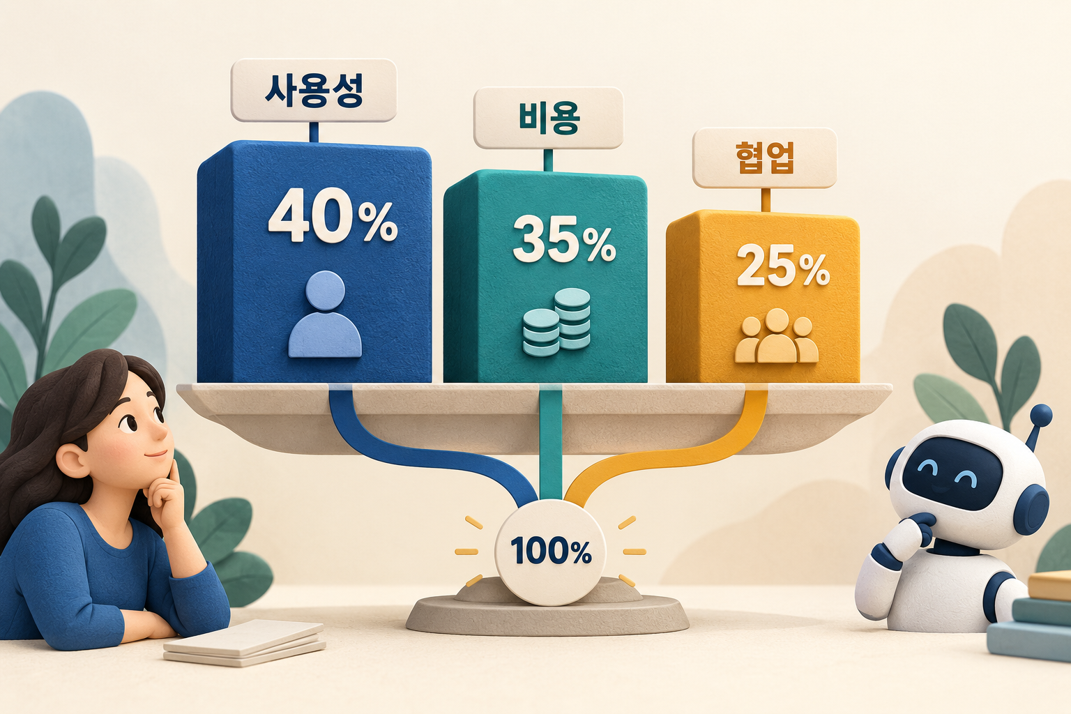 사용성 40퍼센트와 비용 35퍼센트 및 협업 25퍼센트를 합쳐 가중치를 구성한 그림