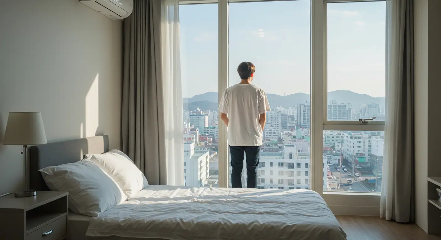 청년 버팀목 전세대출로 마련한 새로운 원룸에서 만족스럽게 미소 짓는 한국 청년