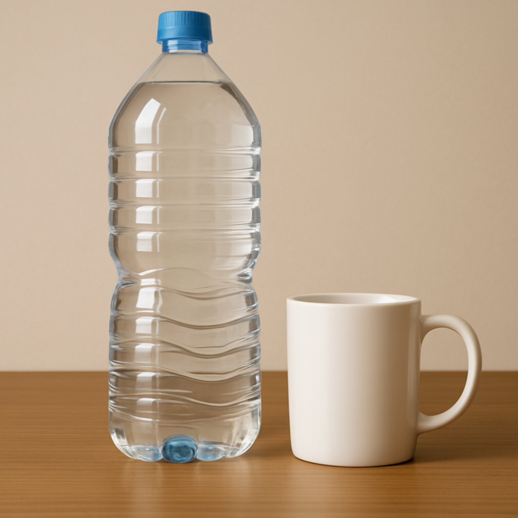 봄철 수분 섭취를 위한 생수병과 머그컵 모습