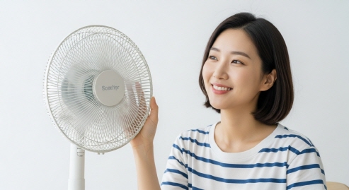 선풍기 앞에서 웃는 여
