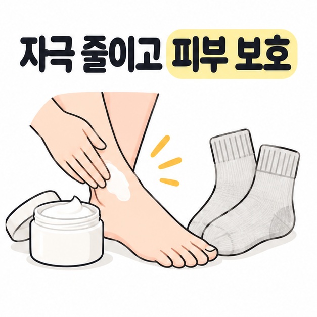자극을 줄이고 피부를 보호하라는 문구와 보습제 및 편안한 양말 일러스트
