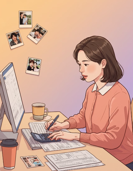 자녀 세액 공제 내용을 계산하고 있는 여성