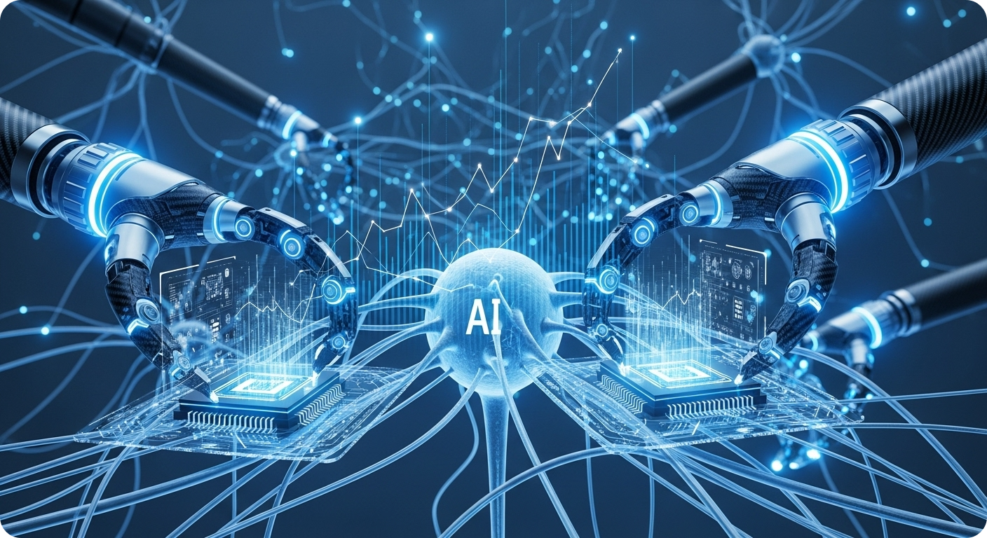 2025년 AI와 로봇 기술이 주식 시장 그래프, 반도체 칩, 로봇 팔과 연결되어 미래 투자를 상징하는 역동적인 모습