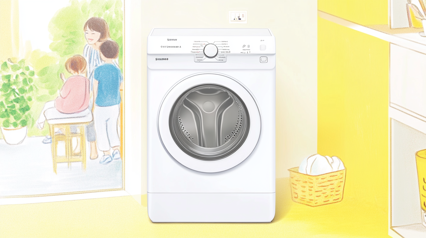 삼성 WW10TP34DSG9S 세탁기가 현대식 아파트 환경에 놓여져 있으며, 에너지 효율적이고 조용한 작동을 보여주는 이미지. 배경에는 가족이 있는 모습을 함께 담고 있음.