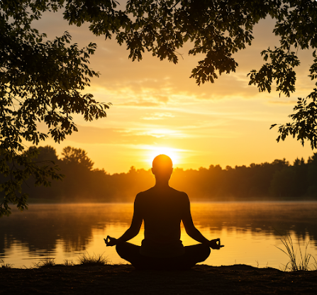 명상하는 사람의 실루엣이 자연 속에 어우러진 평화로운 분위기