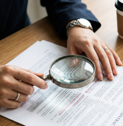 돋보기를 들고 서류를 꼼꼼히 검토하는 전문가
