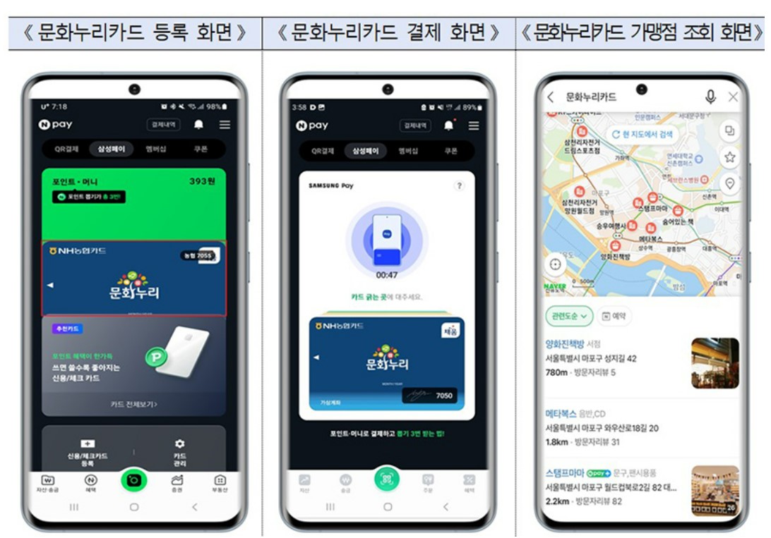 문화누리카드 등록, 결제, 가맹점 조회 화면