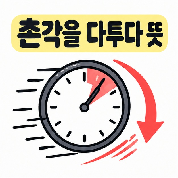 시계와 빠르게 흐르는 시간을 상징하는 화살표 옆에 촌각을 다투다 뜻 문구를 크게 배치한 카드