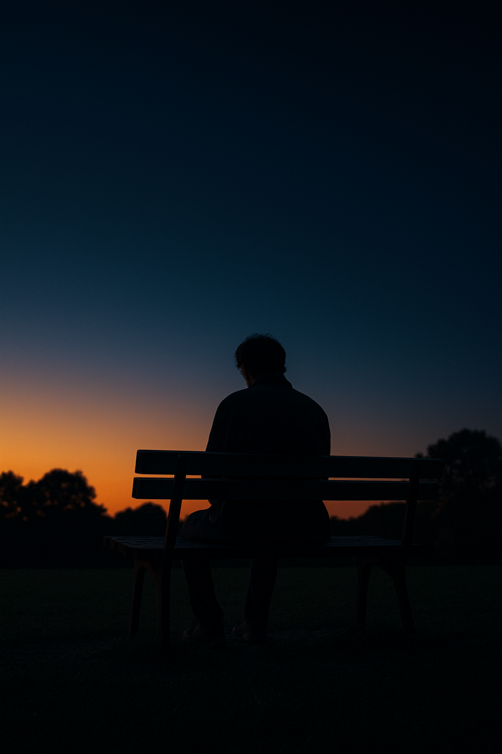 해 질 녘 공원 벤치에 홀로 앉아 고개를 숙인 채 하루의 무게를 견디는 사람의 실루엣