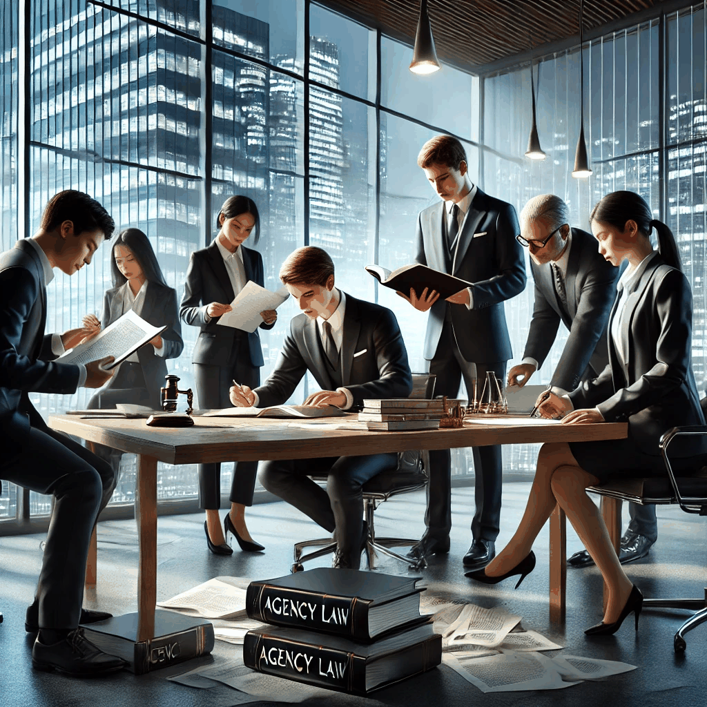 현대적인 법률 사무실에서 여러 명의 전문가와 대학생이 대리 행위와 관련된 법률 문서를 검토하는 현실적인 장면