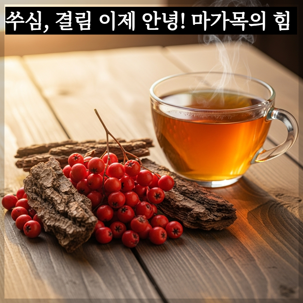 따스한 가을 햇살이 비치는 나무 테이블 위에 정갈하게 담긴 붉은 마가목 열매들과 투명한 찻잔 속에 담긴 맑은 마가목 차에서 하얀 김이 피어오르는 치유 분위기의 실사 이미지