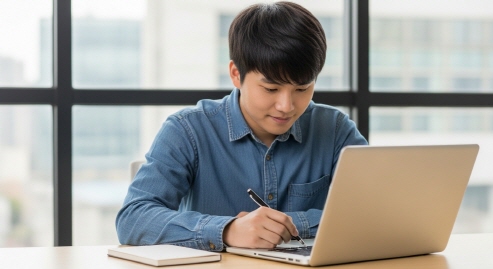 청년이 노트북으로 신청서를 작성 중인 모습