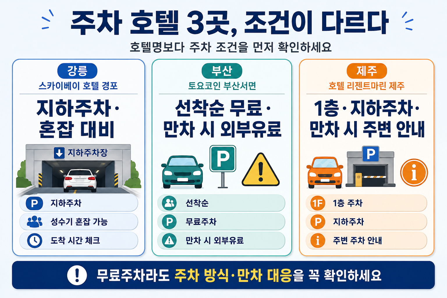 강릉 부산 제주 주차 가성비 호텔의 주차 조건을 유형별로 비교한 이미지