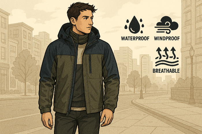 바람막이를 활용한 겨울 레이어링 스타일을 보여주는 패션 일러스트