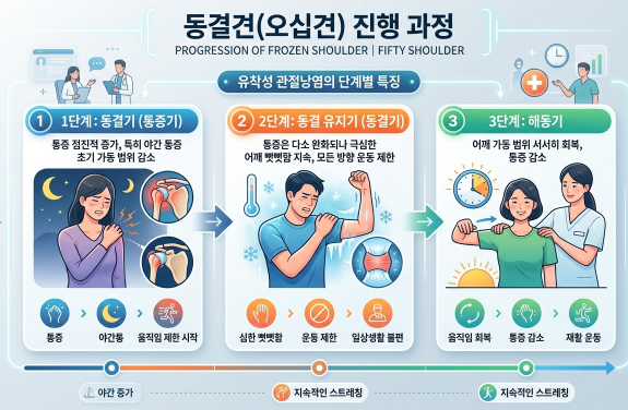 오십견의 단계별 진행 과정을 보여주는 인포그래픽