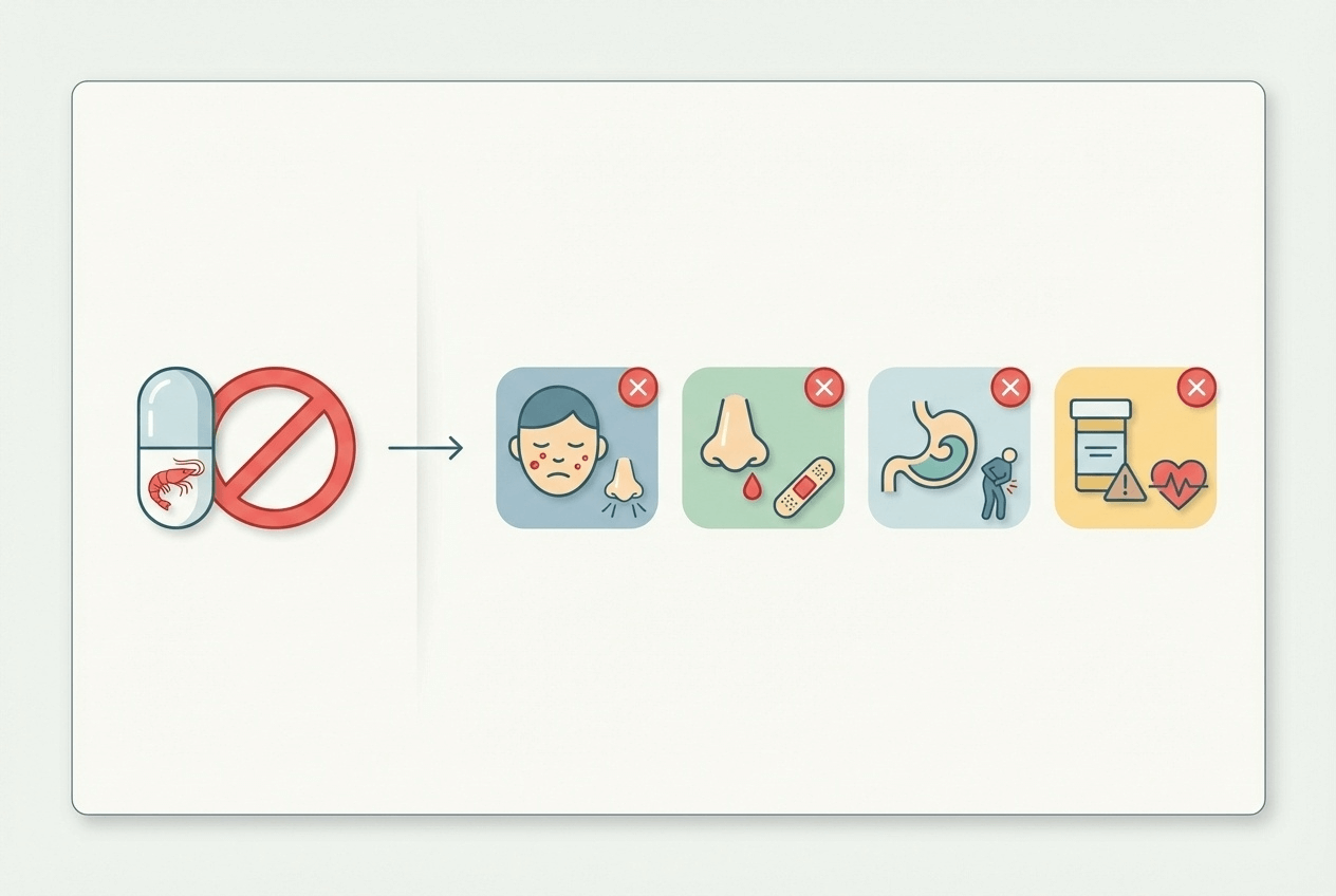 복용을 중단해야 하는 신호를 건강 아이콘으로 표현한 그림으로 크릴오일 복용 안전을 강조한다.