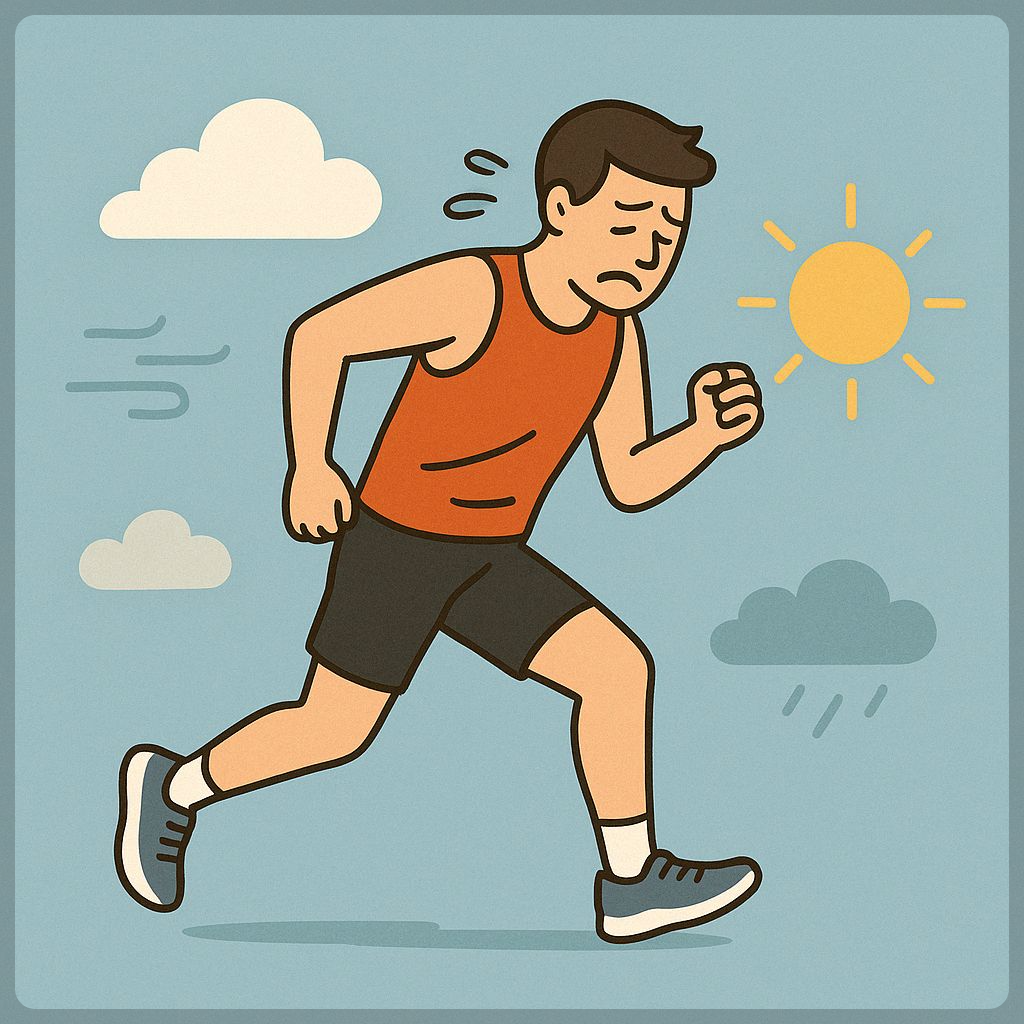 지친 표정으로 달리는 남성 러너와 해, 비, 구름 아이콘이 함께 배치된 일러스트—컨디션 변화의 상징