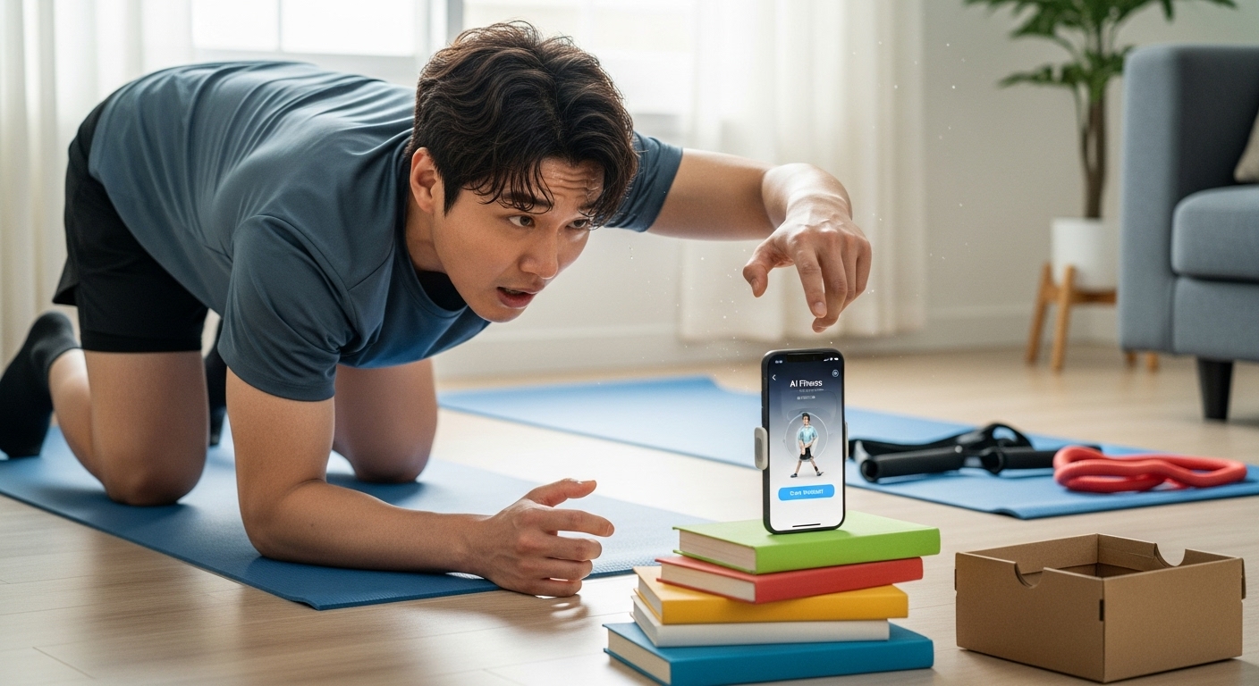 AI 운동 앱 사용을 위해 책을 쌓아 스마트폰 카메라 각도를 맞추며 고군분투하는 모습