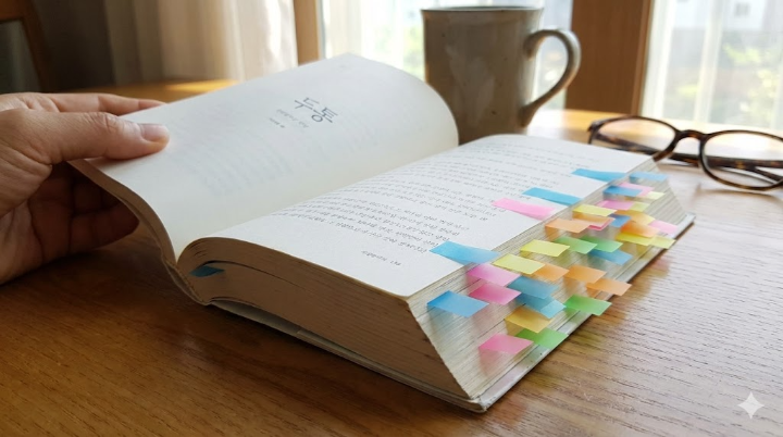 소설책의 본문 중 인상 깊은 대사가 있는 페이지가 펼쳐져 있고, 그 위에 다색의 포스트잇 플래그가 빽빽하게 붙어 있다. 독서의 몰입감을 보여주는 이미지