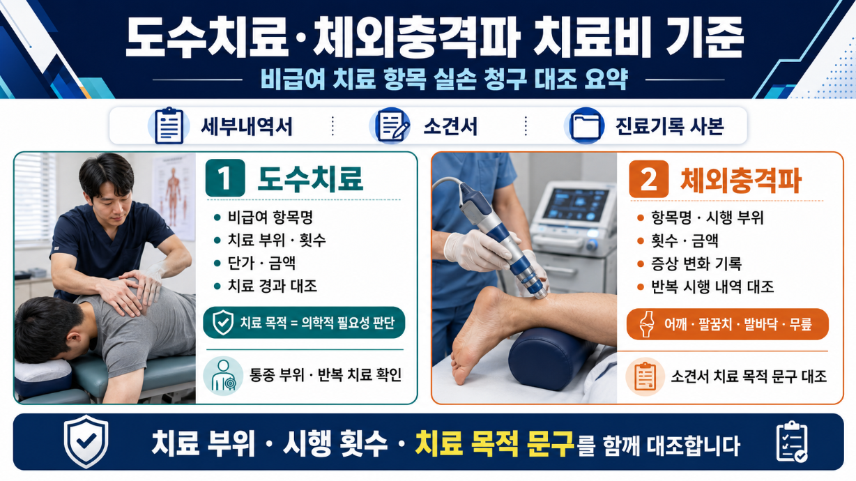 도수치료와 체외충격파 치료비를 비급여 항목명, 치료 부위, 시행 횟수, 치료 목적 기준으로 비교한 인포그래픽