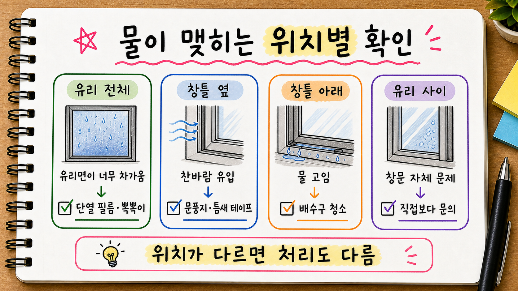 창문 결로가 맺히는 위치별 원인과 처리 방향을 정리한 손글씨 카드