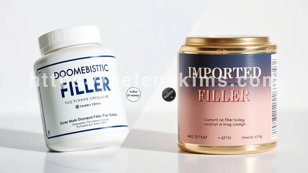 왼쪽 패널에는 깨끗하고 현대적인 국산 필러 제품 라벨이 클로즈업되어 보이고, 오른쪽 패널에는 클래식한 디자인의 수입 필러 제품 라벨이 클로즈업되어 보인다.