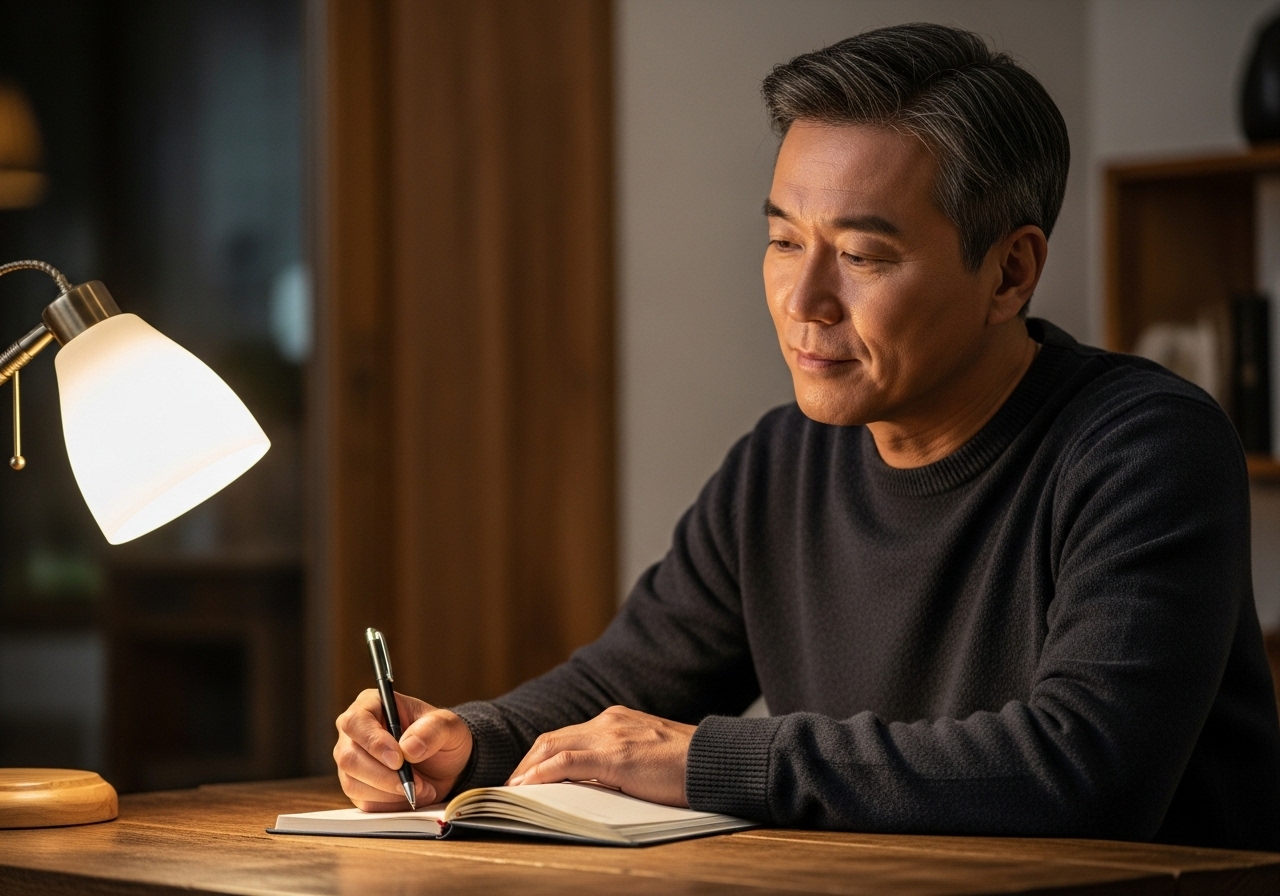 50대 한국인 남성, 일기 쓰며 성찰하는 모습