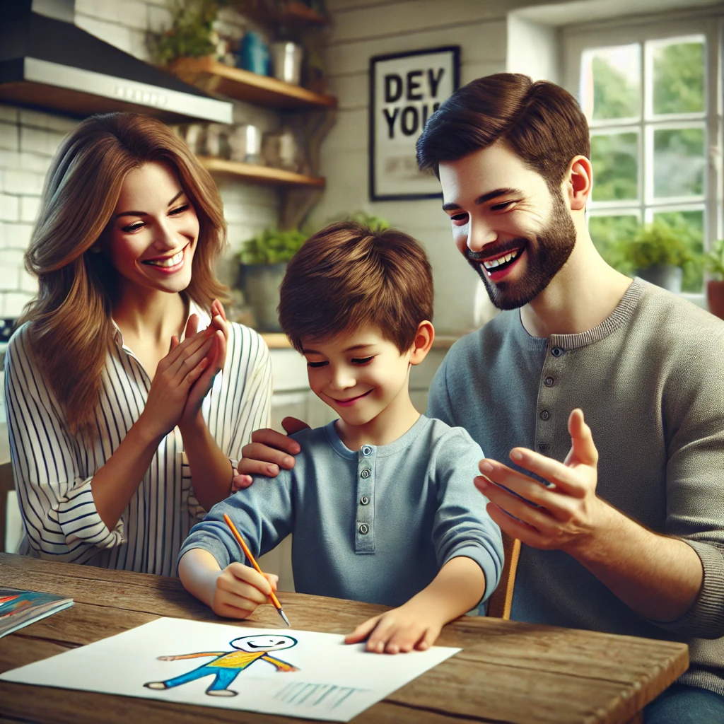 가족이 주방 식탁에 앉아 아이가 자랑스럽게 보여주는 그림을 격려하는 장면. 부모는 미소를 지으며 박수를 치고 있으며&amp;#44; 따뜻하고 지지적인 분위기를 연출